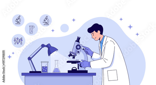 Scientist working with microscope in laboratory, conducting research, science, discovery