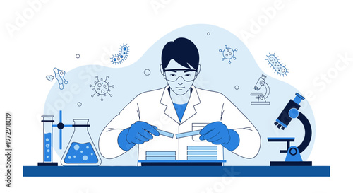 Scientist working with petri dishes and microscope in a laboratory, studying viruses
