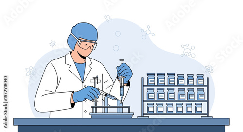 Scientist working with syringe and vials in laboratory, medical research concept