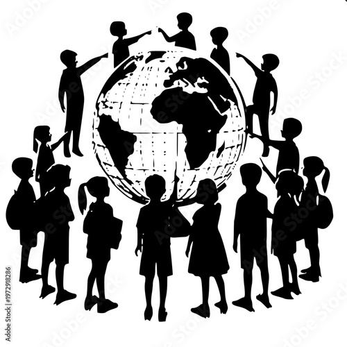 Kids standing around globe and pointing silhouette