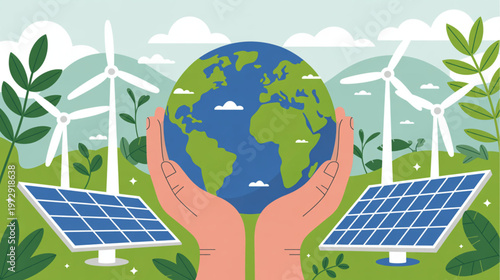 Eco friendly, sustainable energy, green planet, earth protection, solar panels, wind turbines