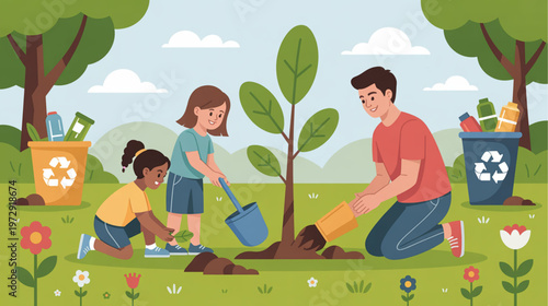 Eco-friendly family, planting tree, recycling, green living, sustainable lifestyle