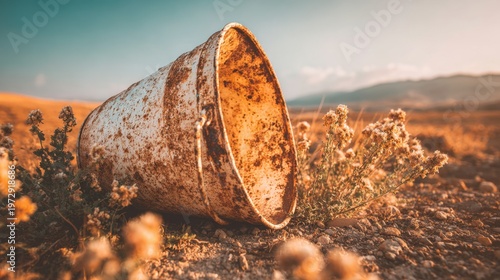 Rusty dented bucket leaning on its side outdoors