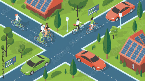 Eco friendly neighborhood, sustainable community, green transportation, solar powered homes