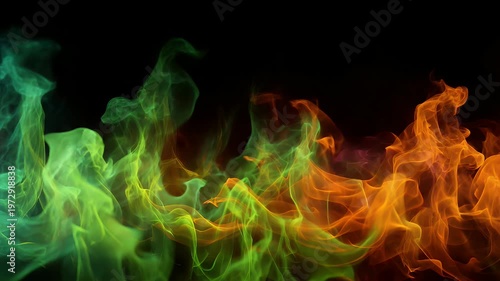 Abstract motion footage of vibrant emerald green and fiery orange flames swirling together against deep black background creating dynamic artistic energy with fluid transitions and smooth flow.