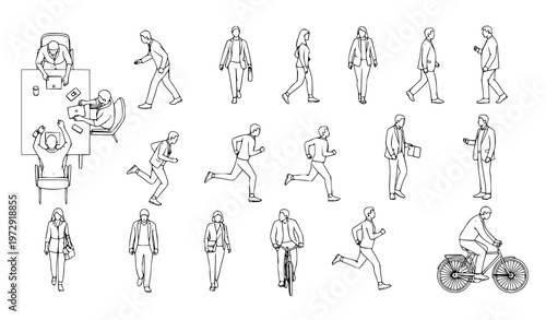 CAD people outline set top view walking running cycling vector illustration isolated on white background