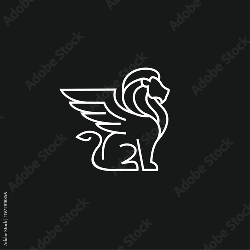 Minimalist White Outline Winged Lion Icon on Black Background