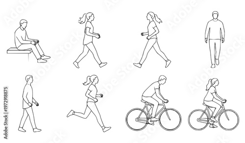 CAD top view people outline set walking running cycling vector illustration isolated on white background