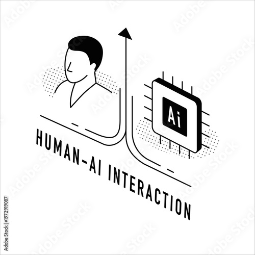 Human-AI Interaction and Growth, Simple isometric line icon, Editable icon. Black-and-white isolate on white background.