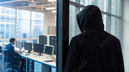 A hooded figure watches an office worker through a glass window, hinting at surveillance or cybersecurity threats in a modern workplace.