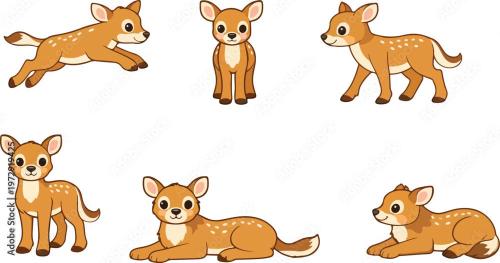 Obraz premium Adorable Baby Deer Cartoon Vector Set | Cute Fawn Illustrations in Forest Poses for Clipart & Design