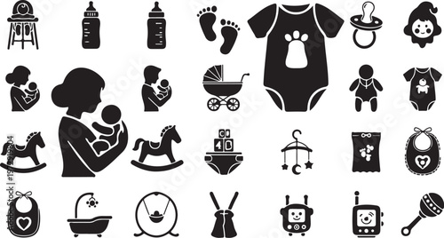 Baby Care and Nursery Icons in Black and White