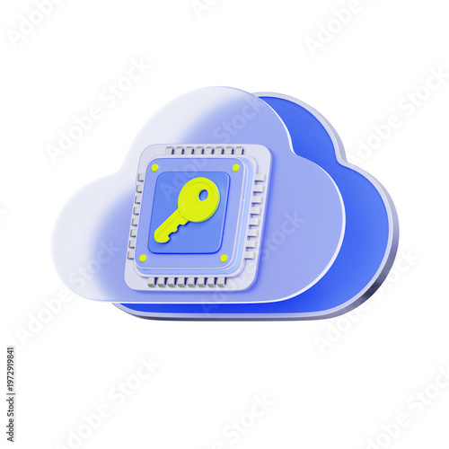 3D illustration of cloud chip with security key for data encryption, cloud security, private network, system access, database protection, and information management.