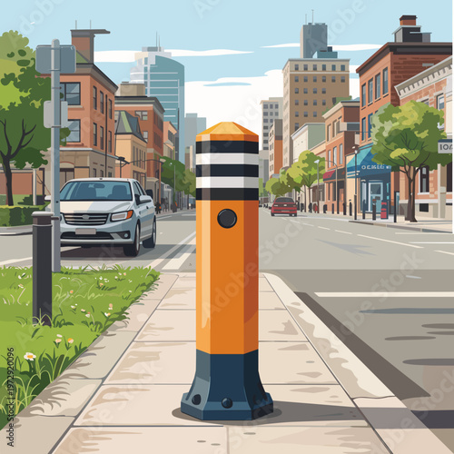 Yellow Traffic Bollard on City Sidewalk Street Safety Vector