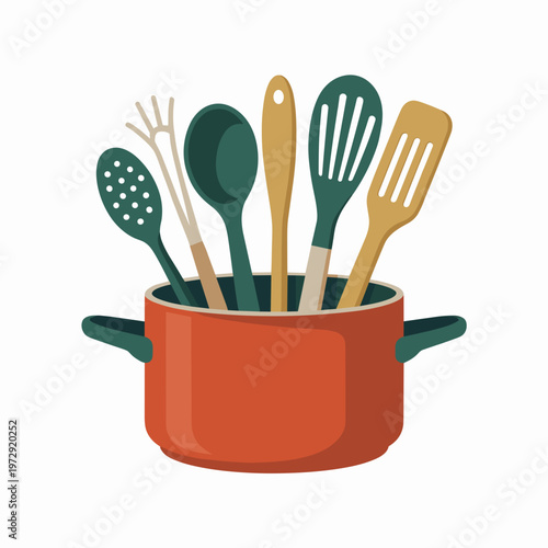 Red Cooking Pot with Various Kitchen Utensils Vector