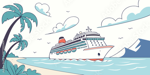 A large white cruise ship with orange and teal accents sails through calm waters near a sandy beach with a palm tree on the left and a mountain on the right under a cloudy sky