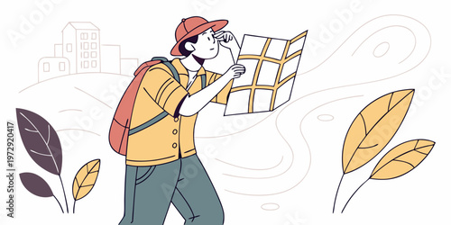 A cartoon man in a yellow shirt and red hat looking at a map while standing in a landscape with buildings and leaves