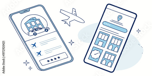 Two smartphones displaying travel and accommodation booking apps on with airplane icon