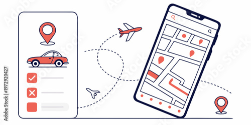 Vector illustration of a smartphone with a map on the screen and a checklist on another phone with a car and airplane icons, representing travel and transportation services