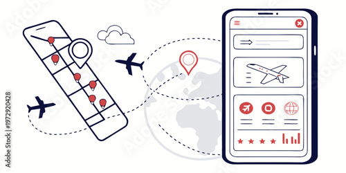 Vector illustration of a smartphone with a travel app and a map on the screen showing flight routes and destinations around the world