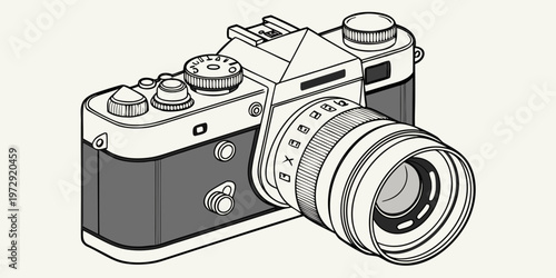 A black and white illustration of a vintage camera with a large lens and various dials and buttons on top, a beige background