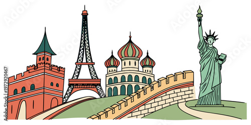 Illustration of famous landmarks from around the world including the statue of liberty, eiffel tower, great wall of china, and more