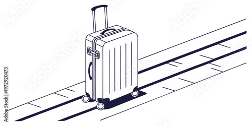 Vector illustration of a suitcase on train tracks, symbolizing travel and transportation, with a simple and modern design