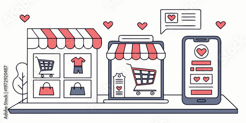 Vector illustration of online shopping concept with storefront, laptop, and mobile phone on with hearts