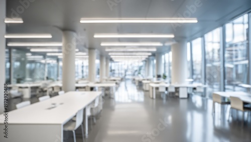 Modern University Library Interior with Bright Natural Light and Study Desks.