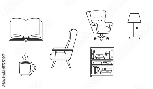 Black and white reading lifestyle icon set with books chair and coffee minimal outline illustration isolated