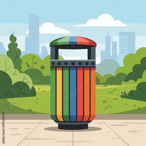 Colorful Public Waste Bin in City Park Illustration