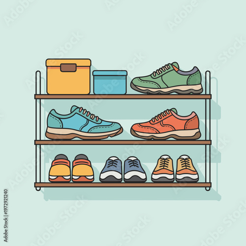Shoe Rack Organizer with Multiple Sneakers Vector Icon