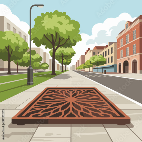 Urban Street Scene with Decorative Tree Grates Perspective