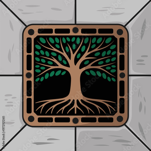 Decorative Tree Grate with Tree Root Pattern Vector Illustration