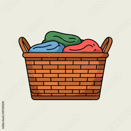 Wicker Laundry Basket Full of Colorful Clothes Vector