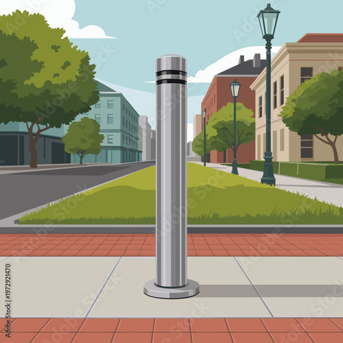 Modern stainless steel bollard in a public park setting