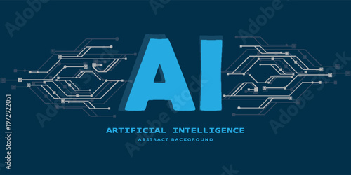Abstract technology background with bold AI text and futuristic circuit lines on a dark blue technology theme. Modern technology concept with an AI theme with a simple design.