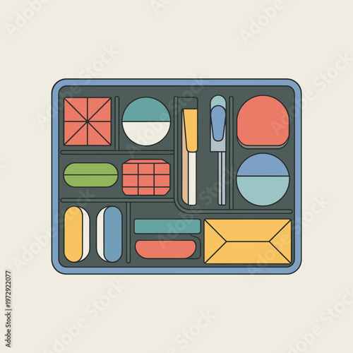 Top view of an organizer tray with compartments and tools