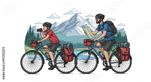Father and Son Cycle Touring in Mountains