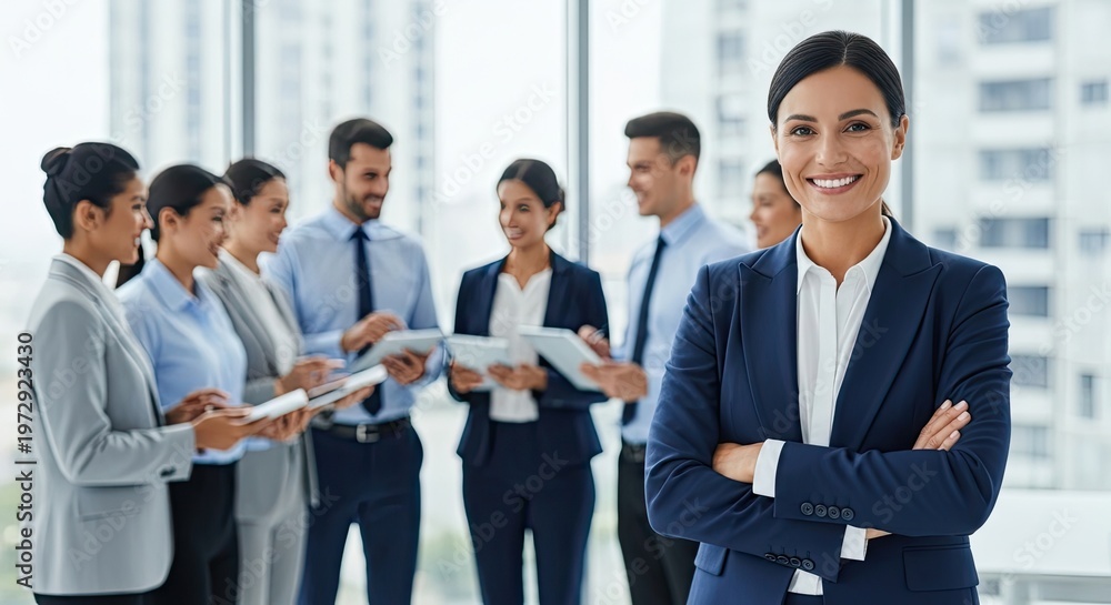 Obraz premium A confident businesswoman stands in front of a group of colleagues in a modern office. The woman, wearing a navy blue suit, has her arms crossed and a warm smile on her face.