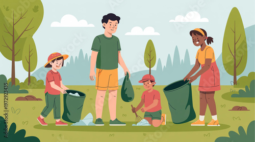 Eco friendly family, people cleaning up trash, environmental conservation, green living vector isolated on Transparent Background