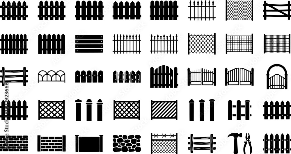 Fototapeta premium Various fence designs: picket, chain link, and metal styles illustrated 