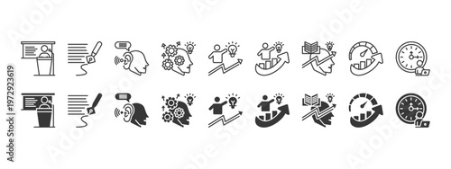 professional excellence icon set collection. icon set consist of public speaking, writing skill, listening skill, strategic thinking, self improvement, professional growth, personal development.