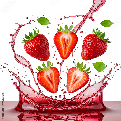 Five strawberries are splashing in juice isolated on white background