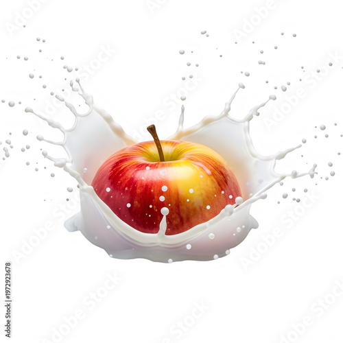 A red apple is surrounded by splashing milk isolated on white background