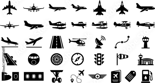 Outline icons of different airplane types: jet, biplane, seaplane
