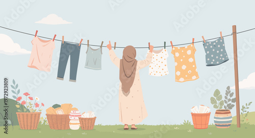 Woman hanging clothes on a line outdoors.