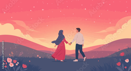 Couple holding hands in romantic landscape.