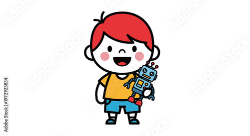 A cute boy happily holds a robotic toy in a playful scene.