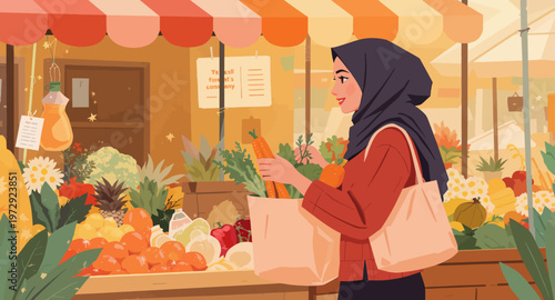 Woman shopping for fresh produce at market.